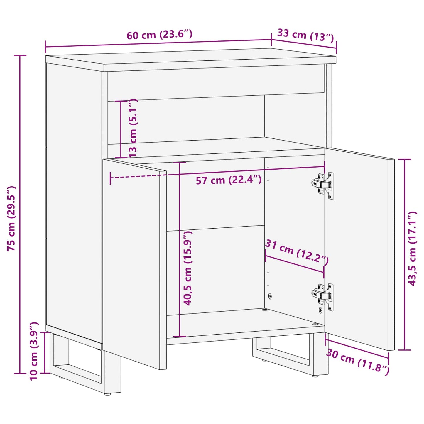 Seitenschrank mit Tür Braun 60 x 33 x 75 cm Massivholz Mango