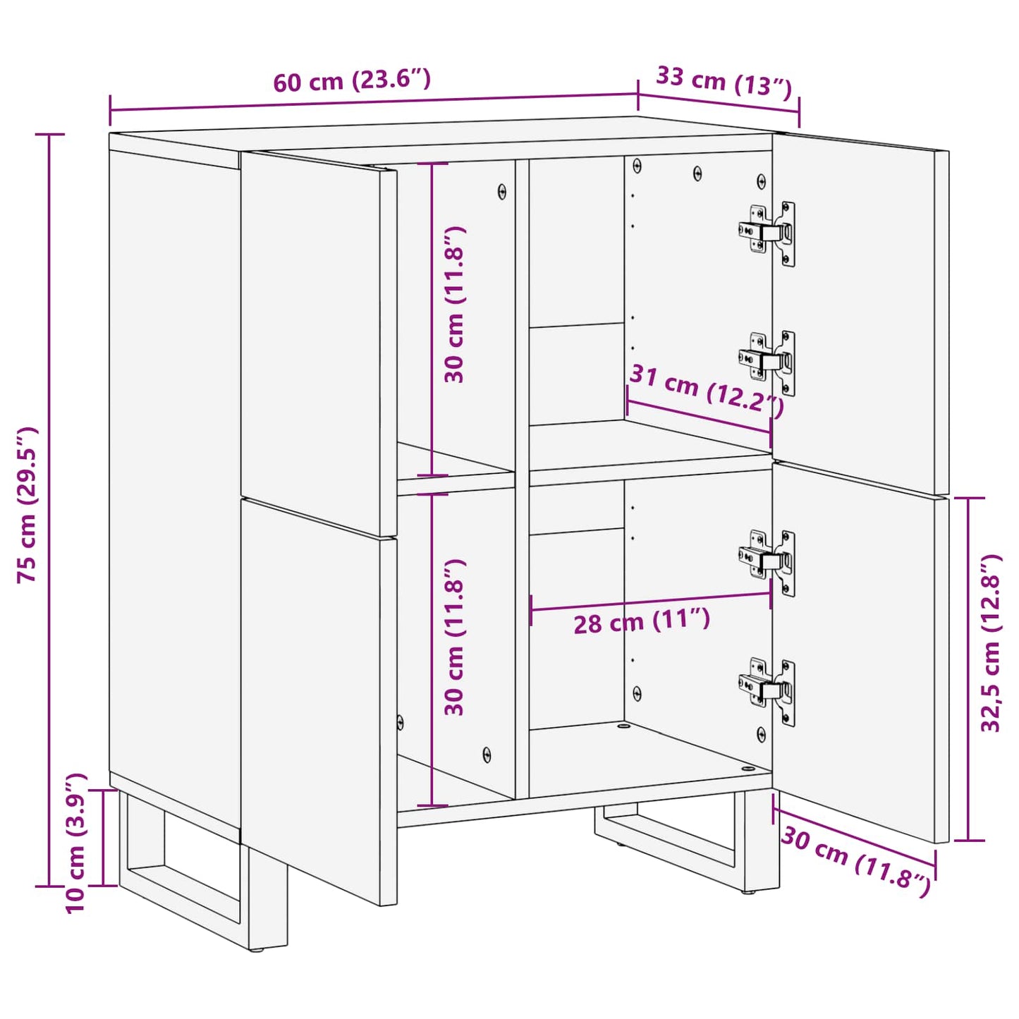 Seitenschrank mit Tür Braun 60 x 33 x 75 cm Massivholz Mango