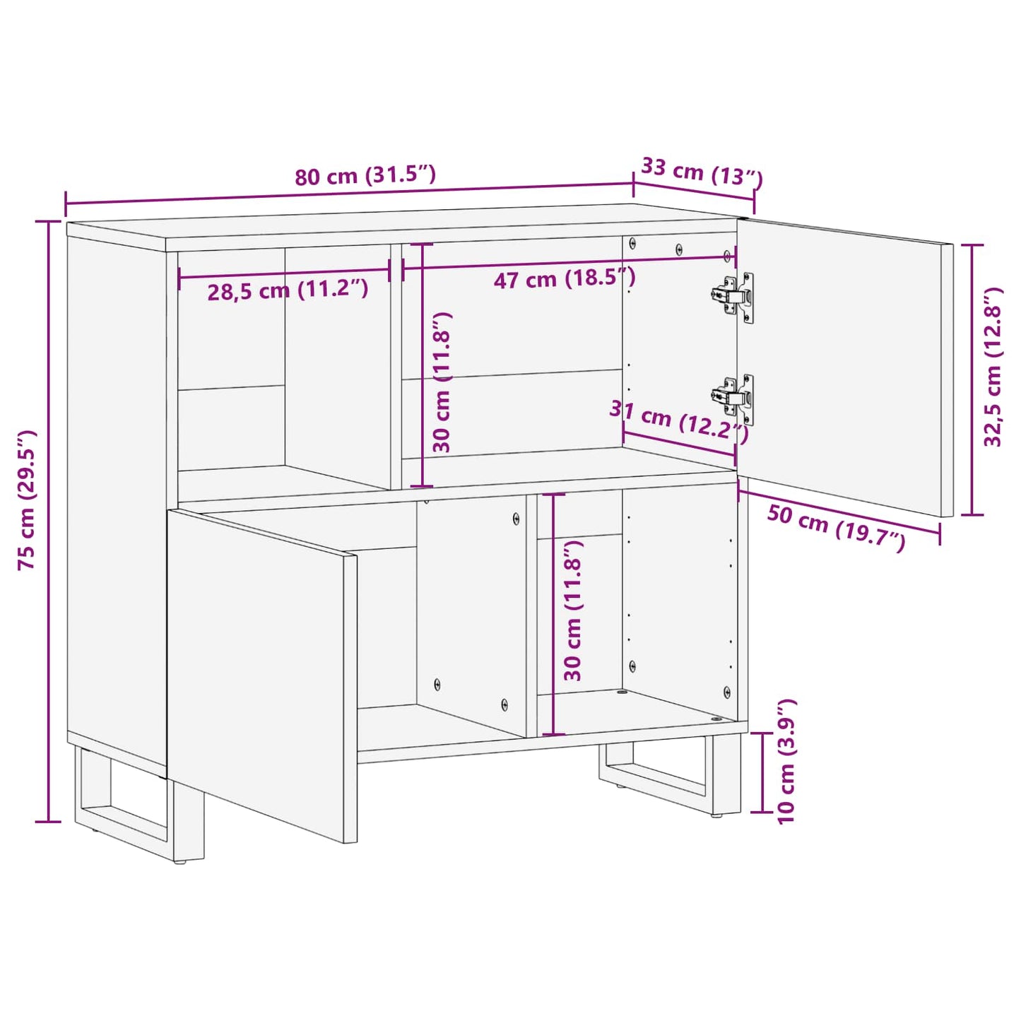 Seitenschrank Braun 80 x 33 x 75 cm Massivholz Mango