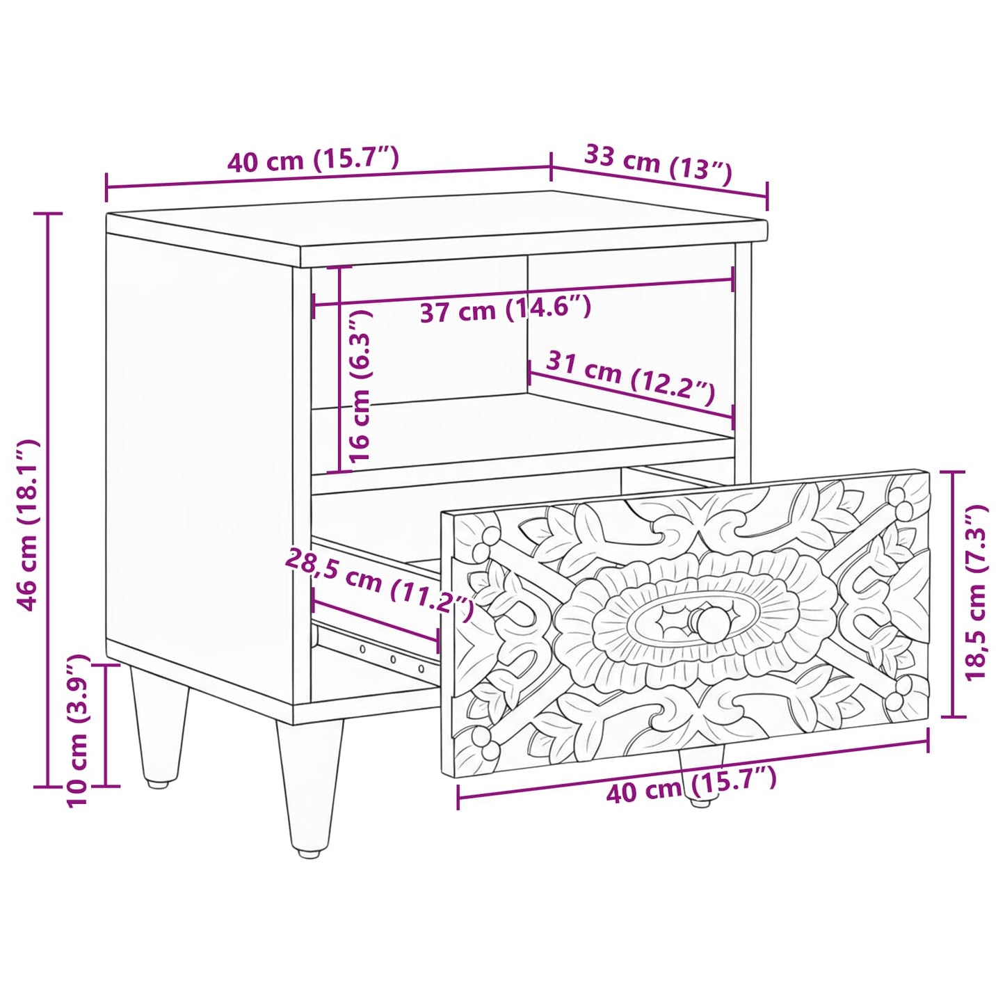 Bettkasten Braun 40 x 33 x 46 cm Massivholz Mango