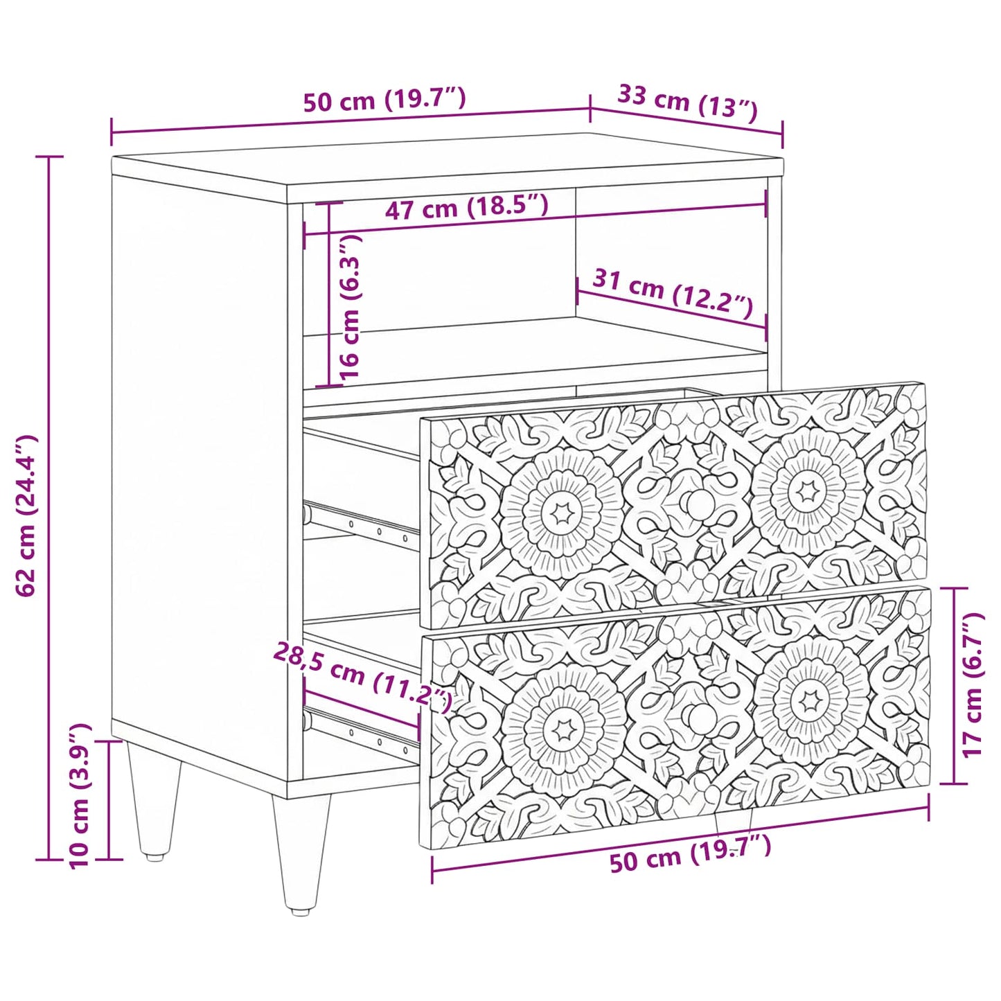 Bettkasten Braun 50 x 33 x 60 cm Massivholz Mango