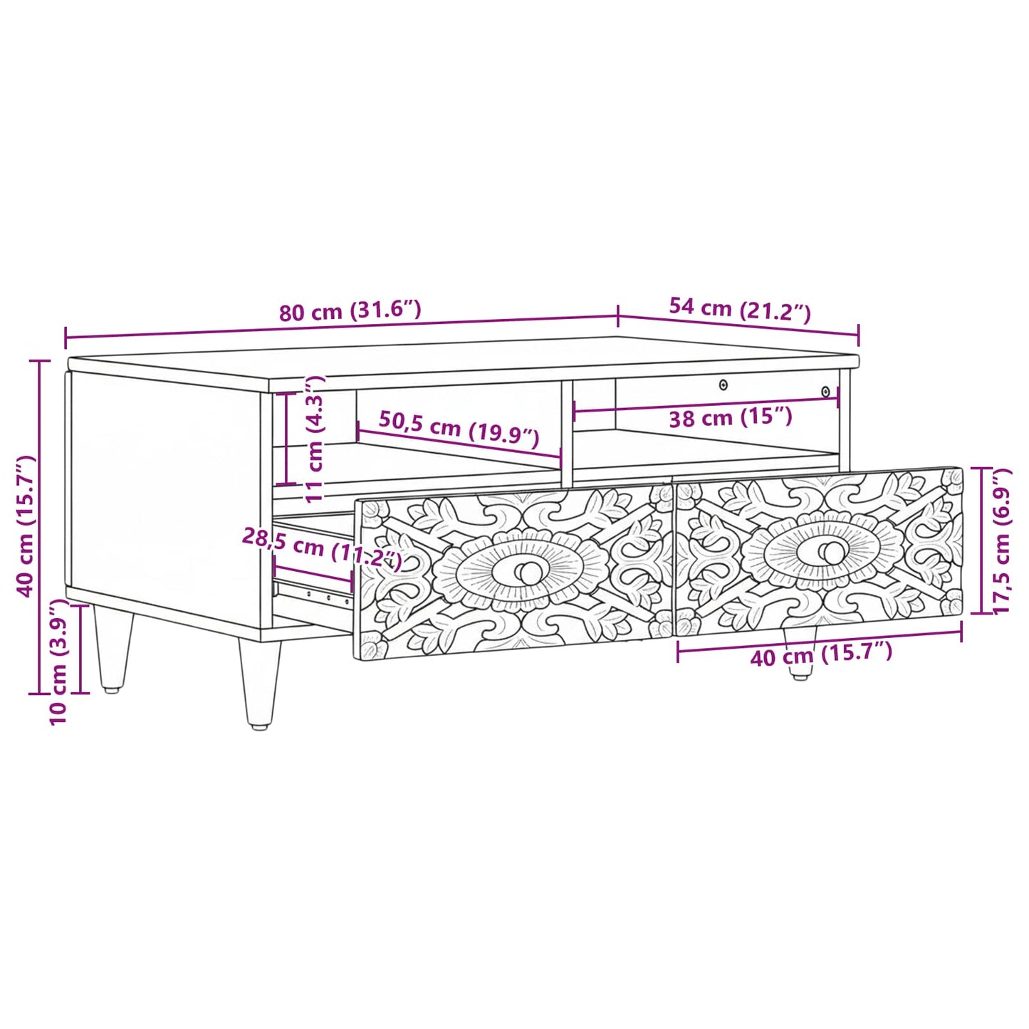 Couchtisch Braun 80 x 54 x 40 cm Massivholz Mango