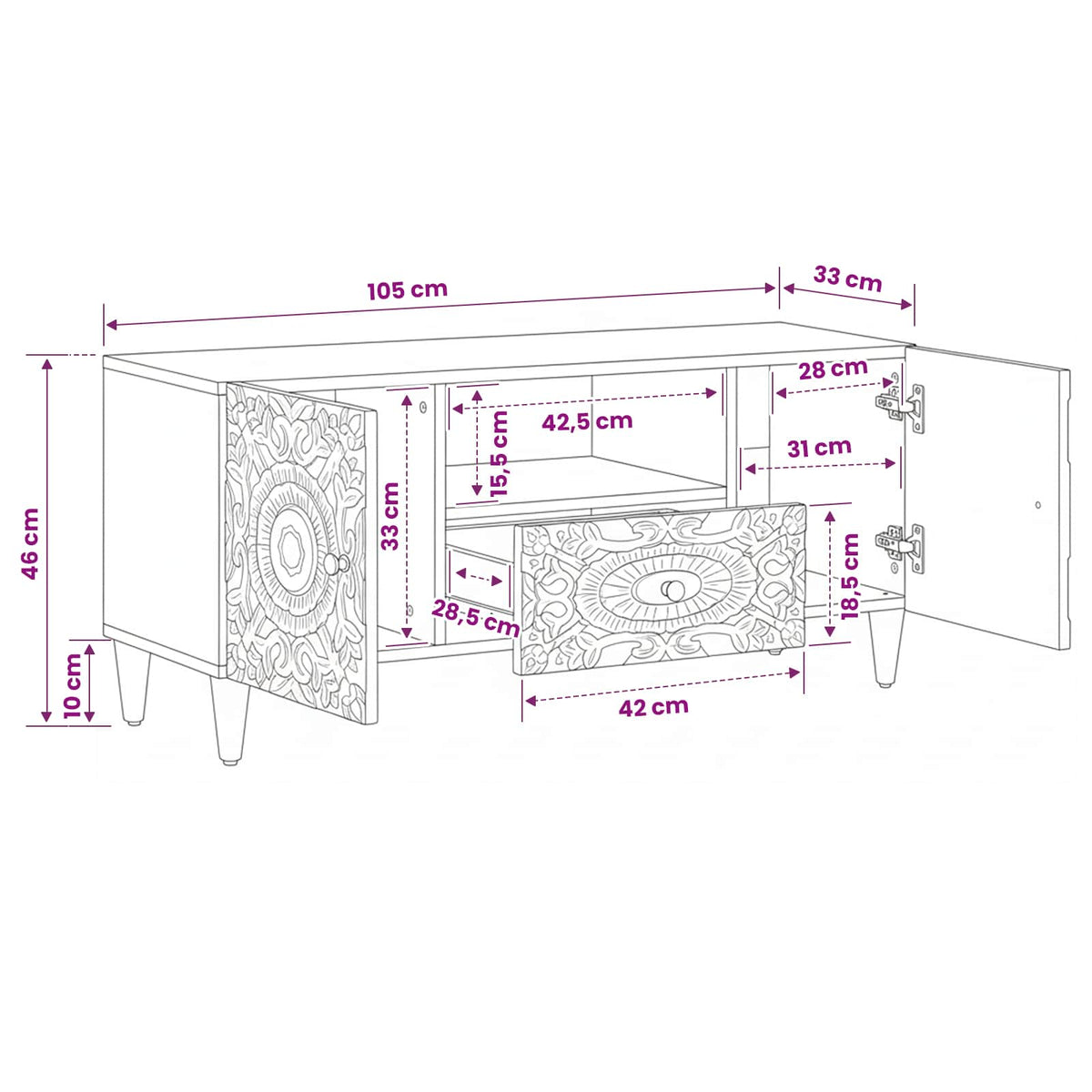 TV-Schränk Braun 105 x 33 x 46 cm Massivholz Mango