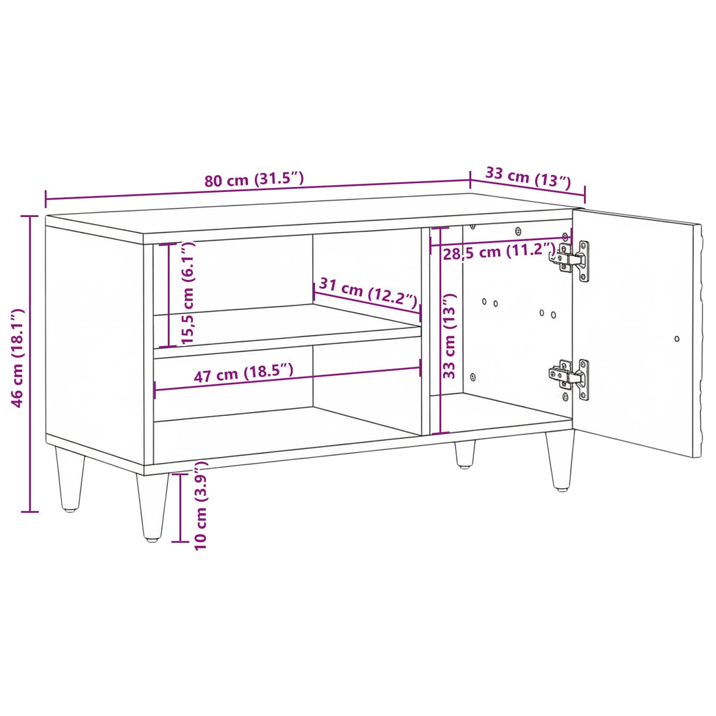 TV-Schränk mit Regal Braun 80 x 31,5 x 46 cm Massivholz Mango