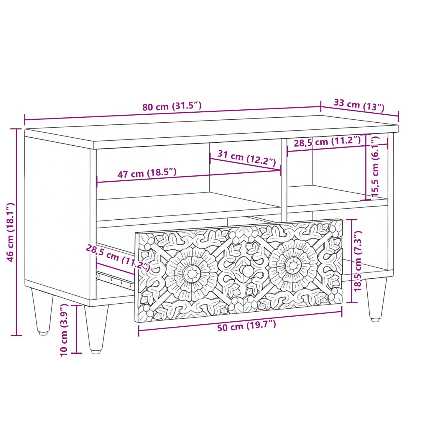 TV-Schränk mit Regal Braun 80 x 33,5 x 46 cm Massivholz Mango