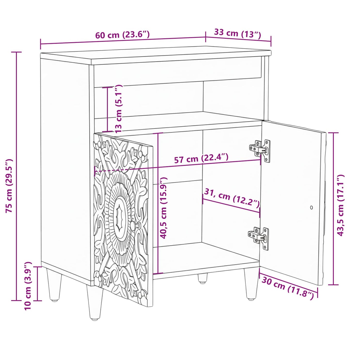 Sideboard mit Speicher Braun 60 x 33,5 x 75 cm Massivholz Mango