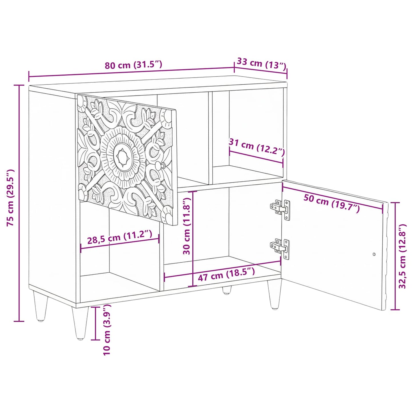 Sideboard mit Speicher Braun 80 x 33,5 x 75 cm Massivholz Mango