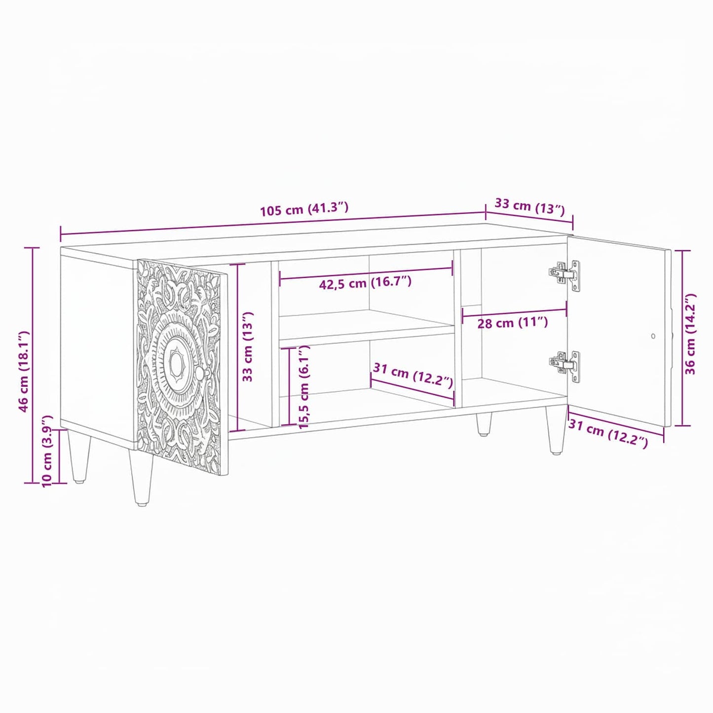 TV-Schränk Weiß 105 x 33,5 x 46 cm Massivholz Mango