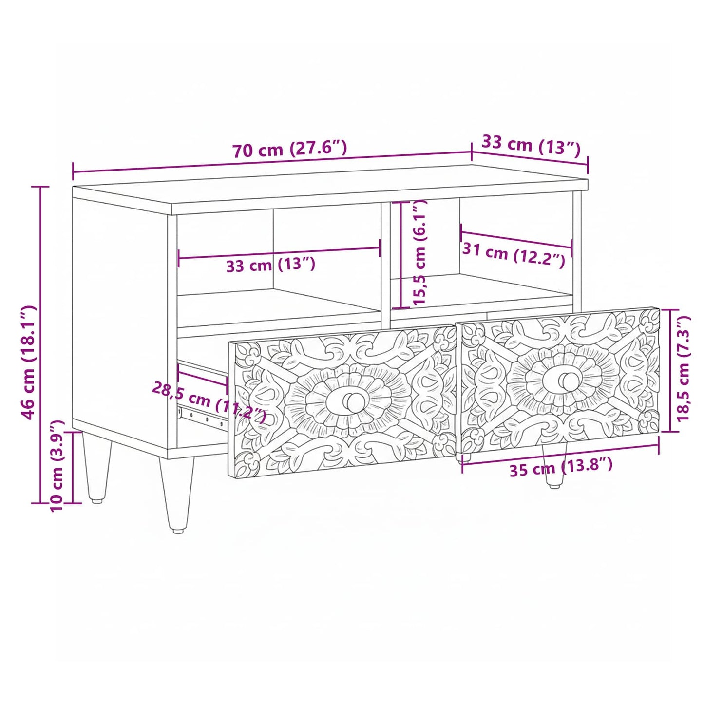 TV-Schränk mit Speicher Weiß 70 x 33,5 x 46 cm Massivholz Mango