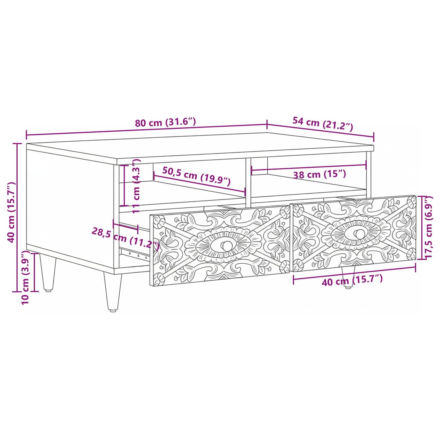Couchtisch mit Schubladen Weiß 80 x 54 x 40 cm Massivholz Mango