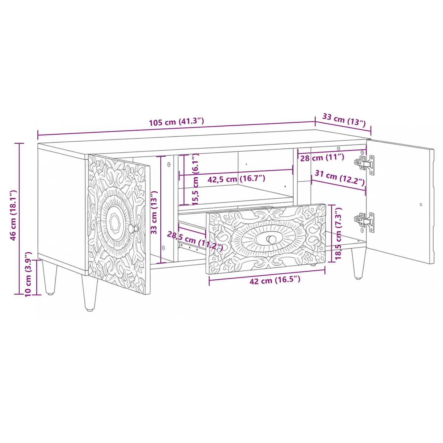 TV-Schränk mit Tür Weiß 105 x 33,5 x 46 cm Massivholz Mango