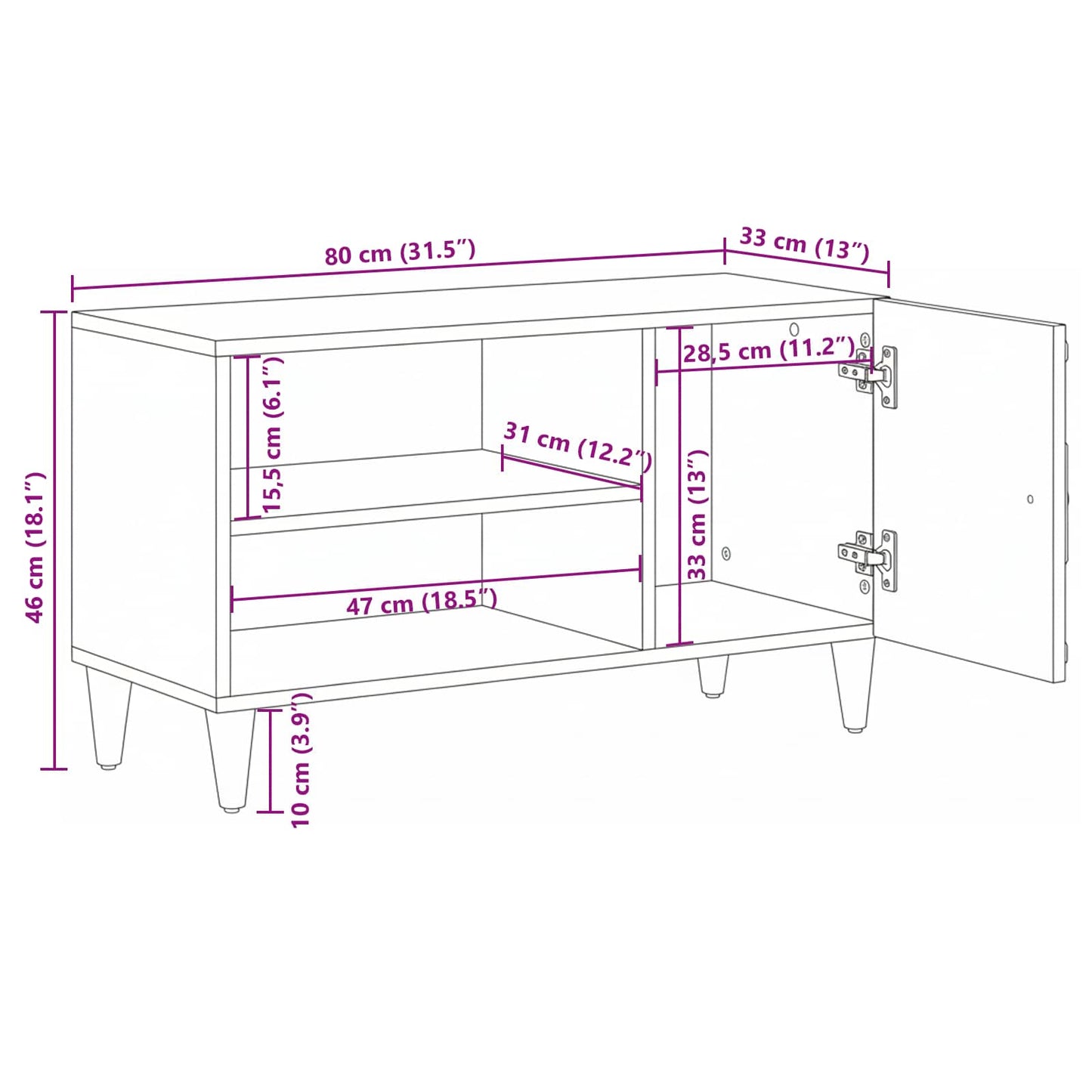 TV-Schränk mit Regal Weiß 80 x 31,5 x 46 cm Massivholz Mango