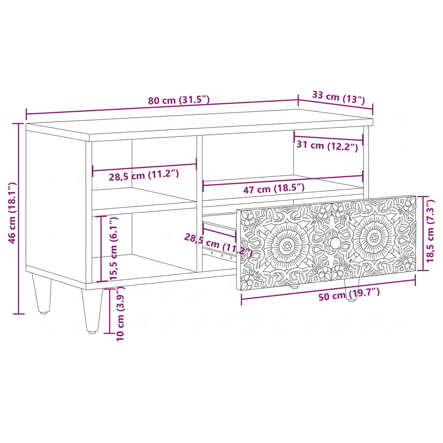 TV-Schränk mit Regal Weiß 80 x 33,5 x 46 cm Massivholz Mango