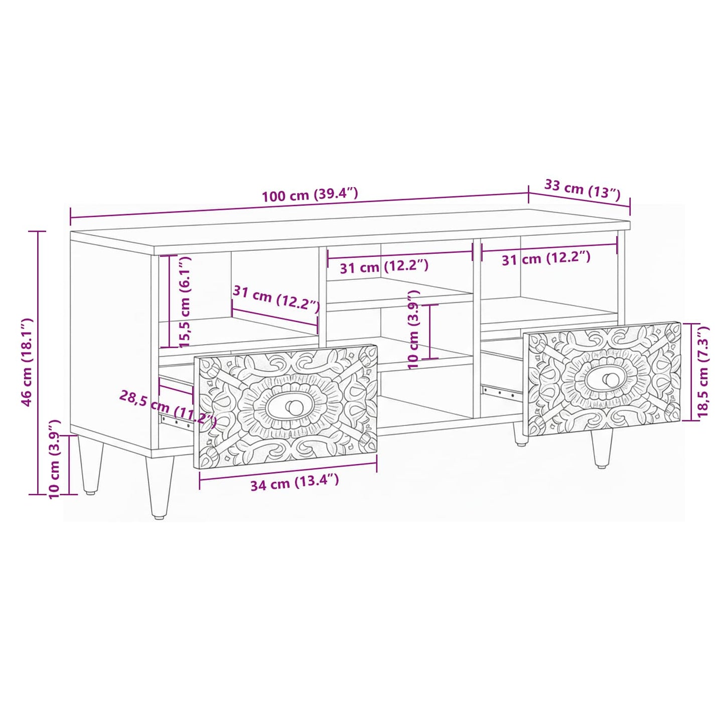 TV-Schränk mit Regal Weiß 100 x 33,5 x 46 cm Massivholz Mango