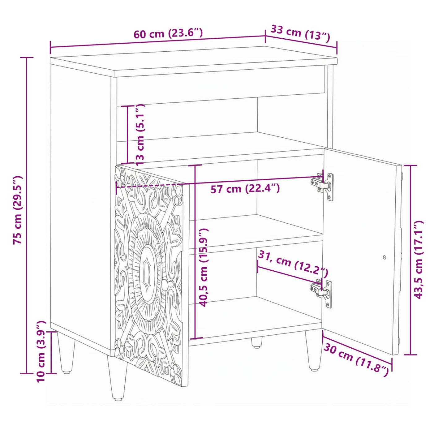 Sideboard mit Speicher Weiß 60 x 33,5 x 75 cm Massivholz Mango