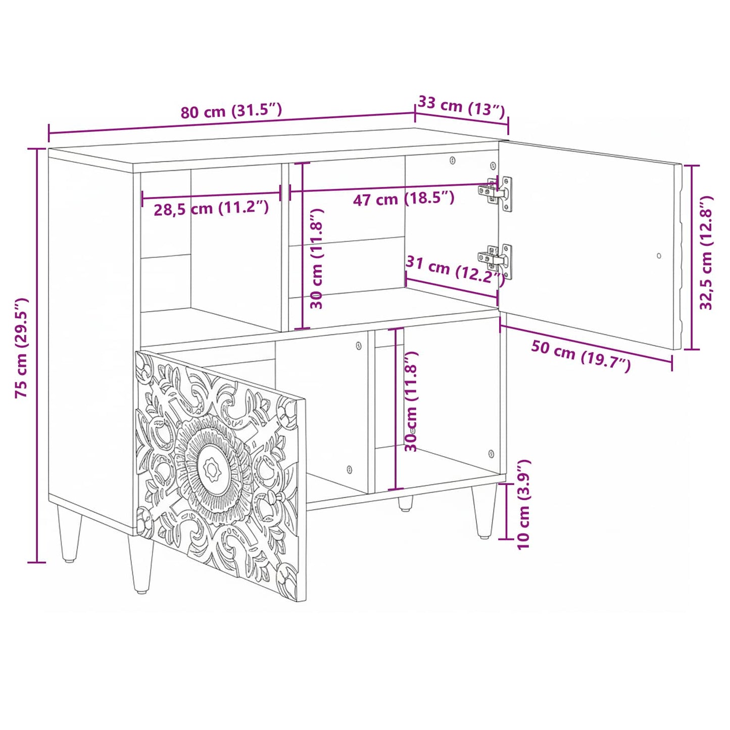 Sideboard mit Speicher Weiß 80 x 33,5 x 75 cm Massivholz Mango