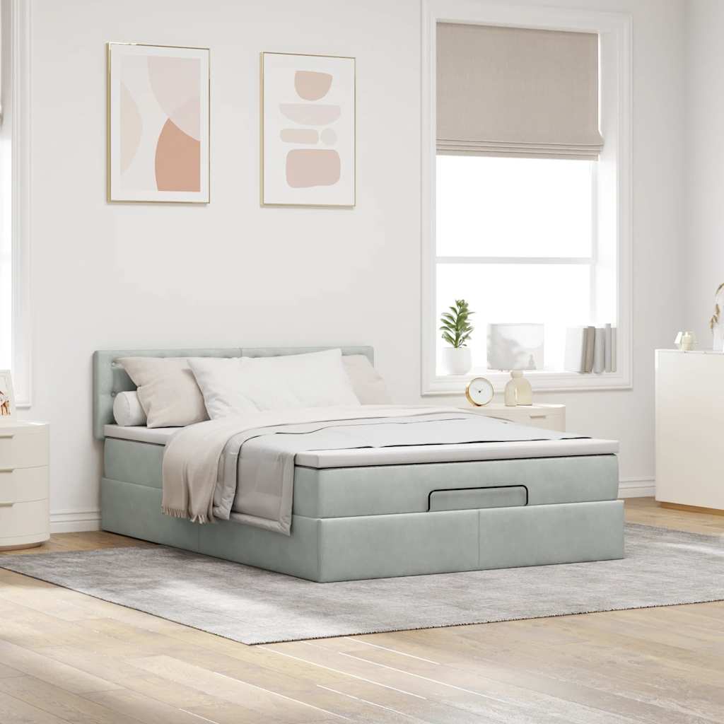 Lit ottoman avec matelas gris clair 140x200 cm velours