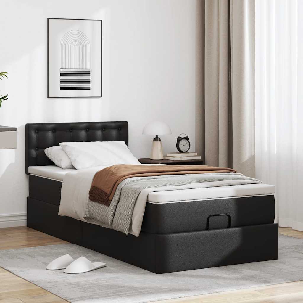 Ottoman-Bett mit Matratzen & LEDs Schwarz 100x200 cm Kunstleder
