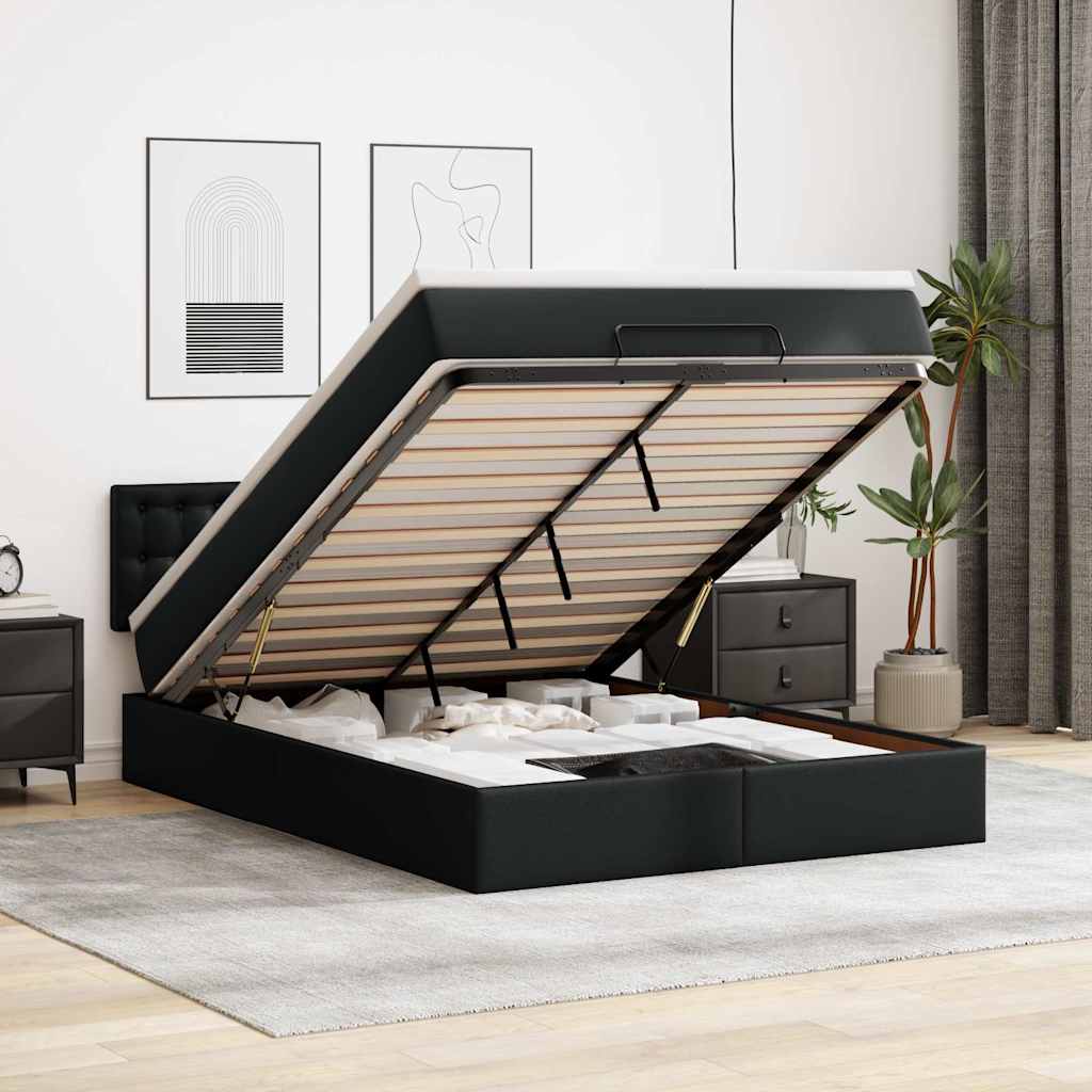 Ottoman-Bett mit Matratzen & LEDs Schwarz 140x200 cm Kunstleder