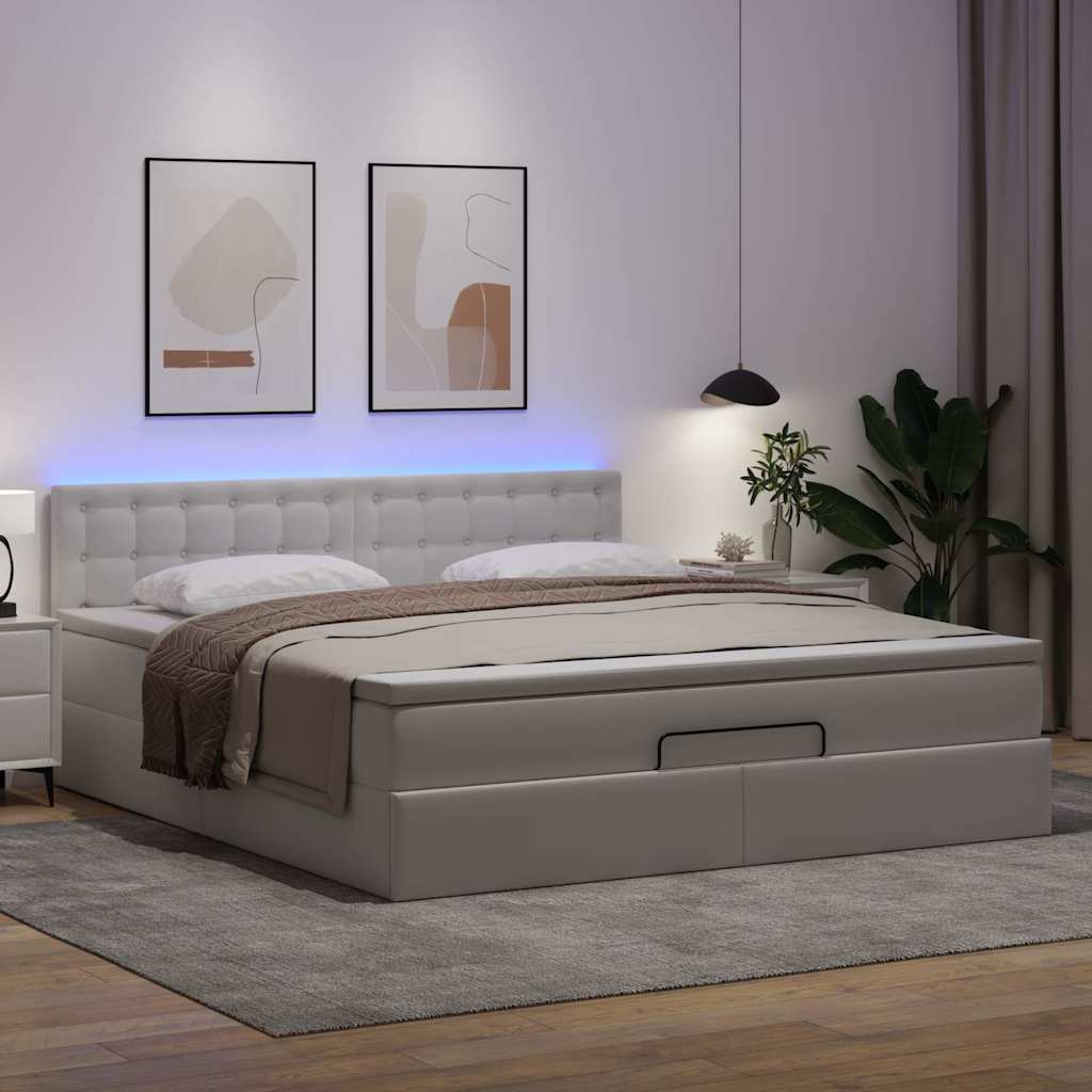 Ottoman-Bett mit Matratzen & LEDs Reinweiß 160x200cm Kunstleder