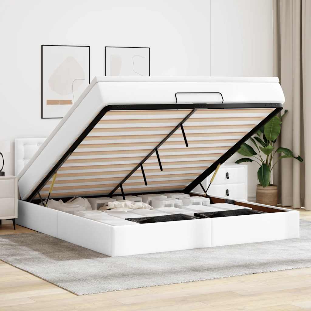 Ottoman-Bett mit Matratzen & LEDs Reinweiß 160x200cm Kunstleder