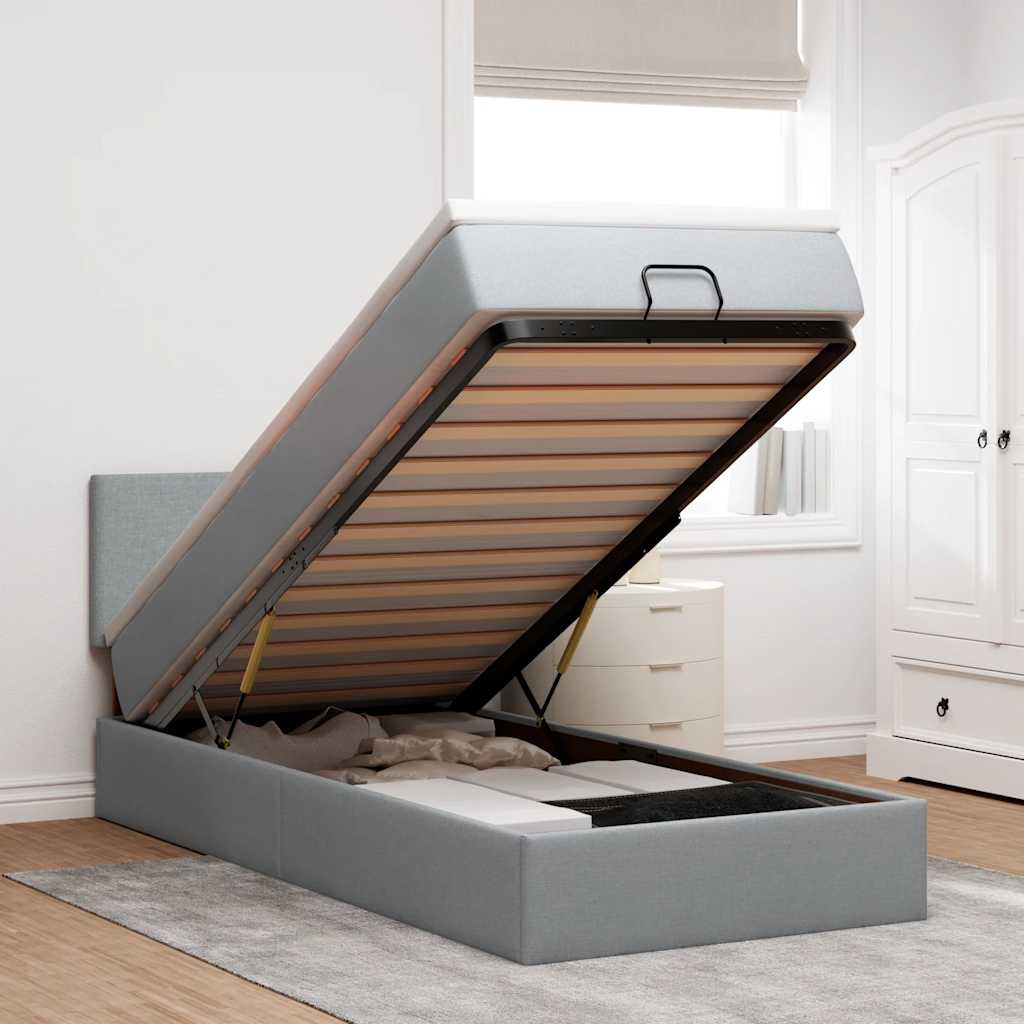 Ottomane Bett mit Matratze & LEDs Hellgrau 90x200 cm Stoff
