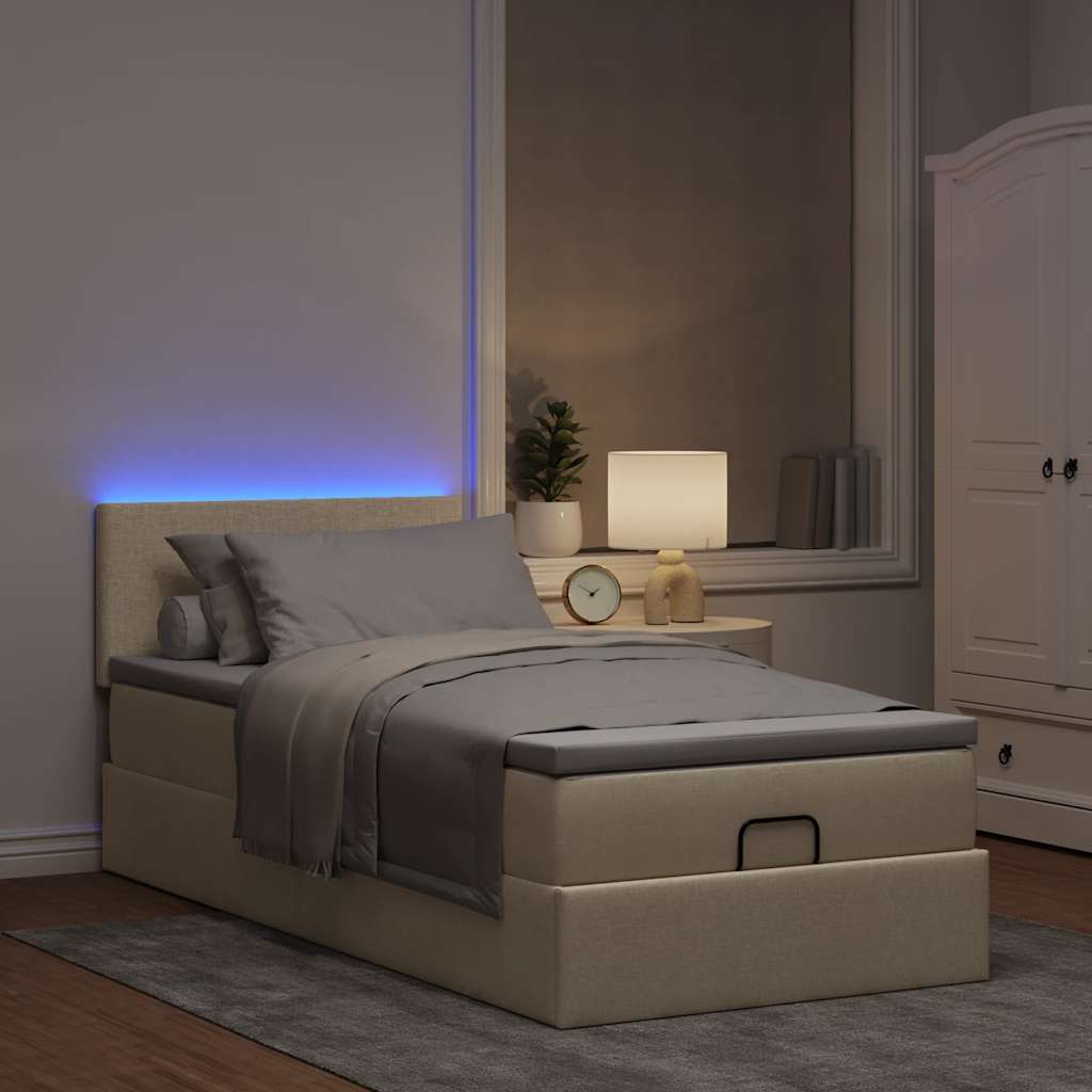 Ottomane Bett mit Matratze & LEDs Creme 90x200 cm Stoff