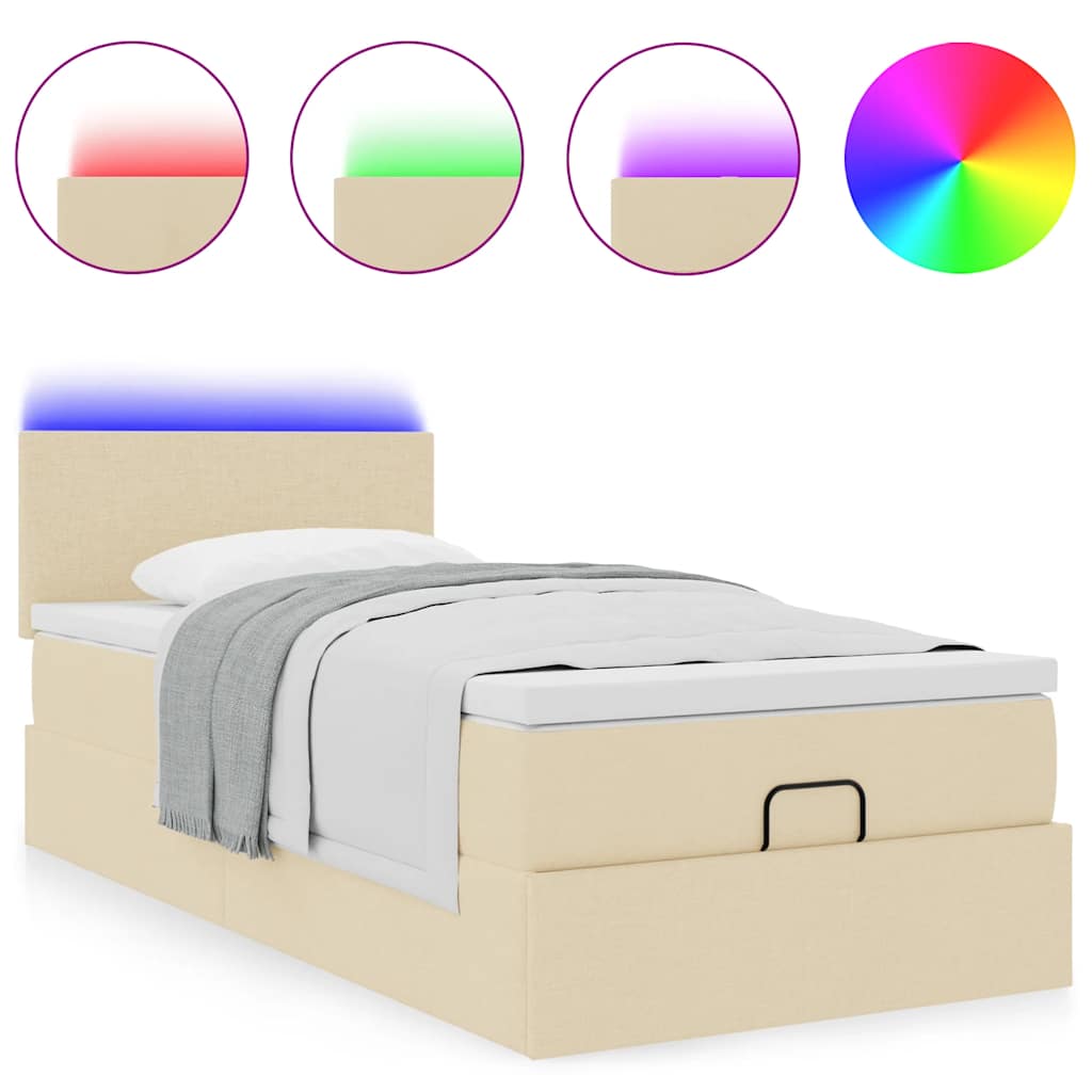 Ottomane Bett mit Matratze & LEDs Creme 90x200 cm Stoff