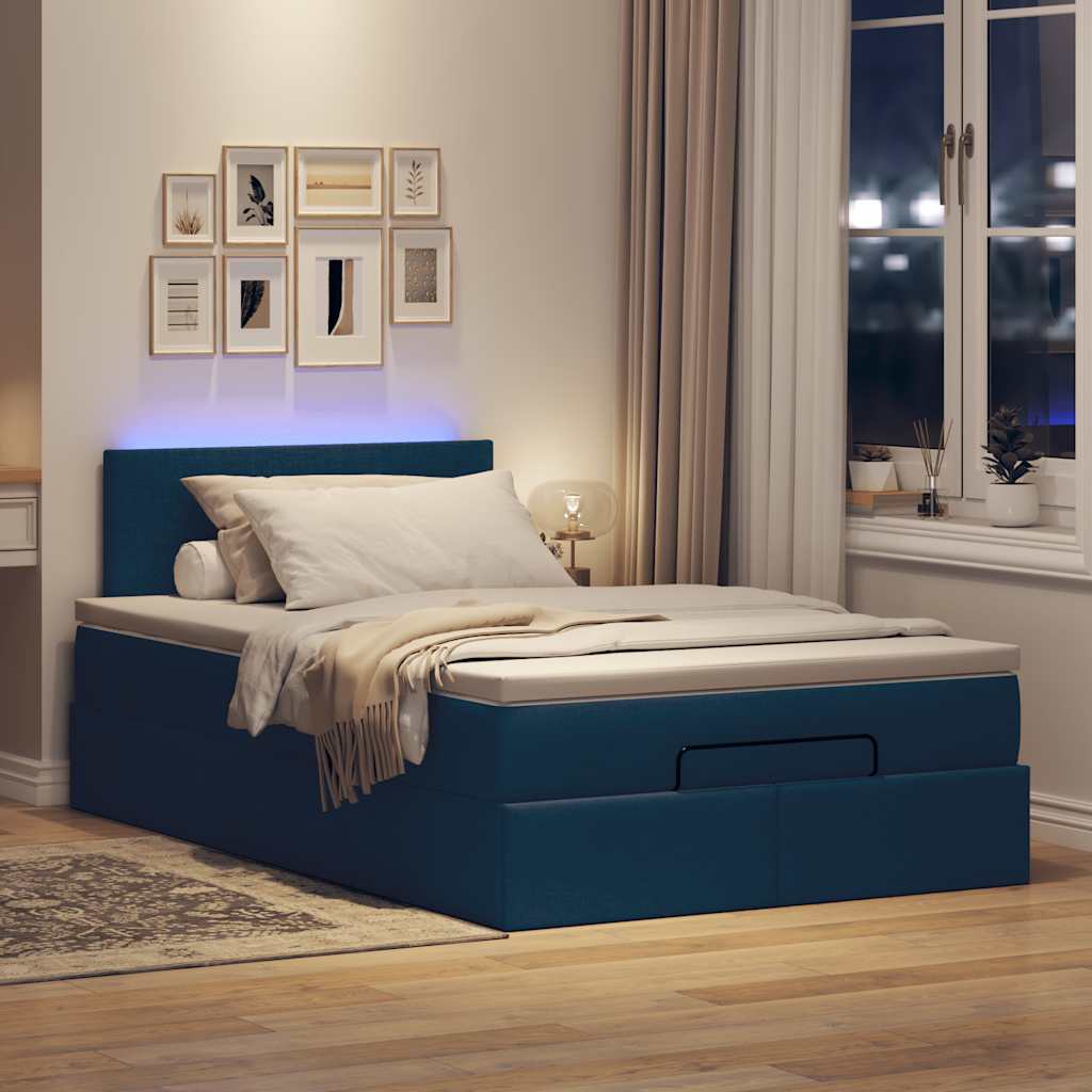 Ottomane Bett mit Matratze & LEDs Blau 120x200 cm Stoff