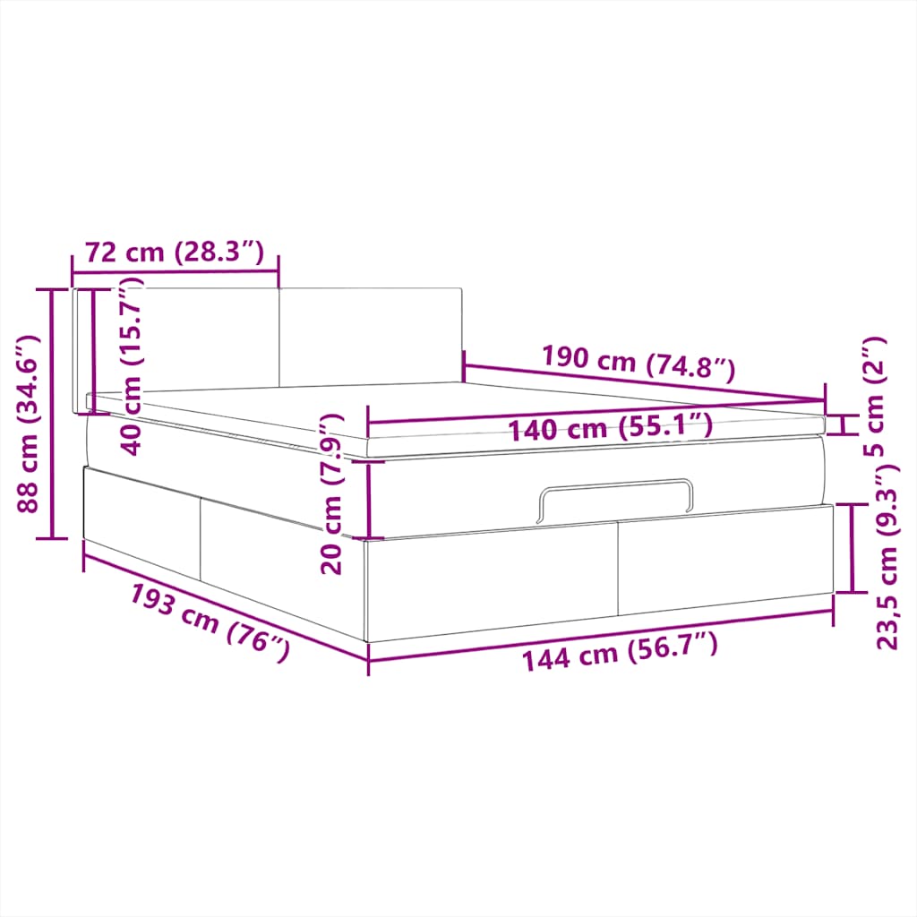 Ottomane Bett mit Matratze & LEDs Schwarz 140x190 cm Stoff