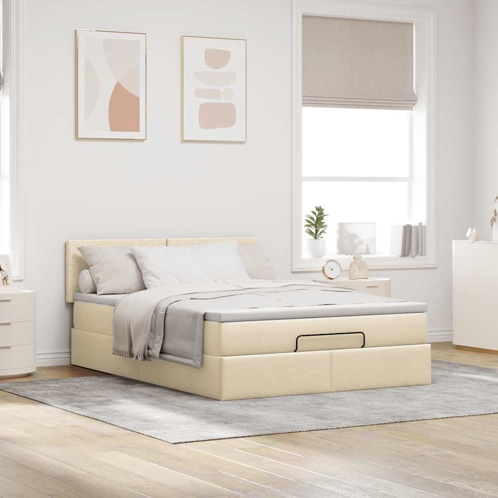 Ottomane Bett mit Matratze & LEDs Creme 140x200 cm Stoff