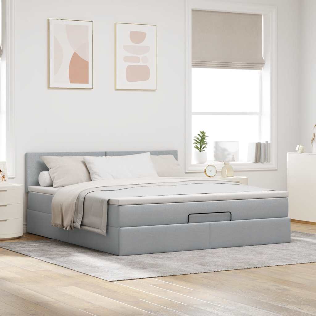 Ottomane Bett mit Matratze & LEDs Hellgrau 180x200 cm Stoff