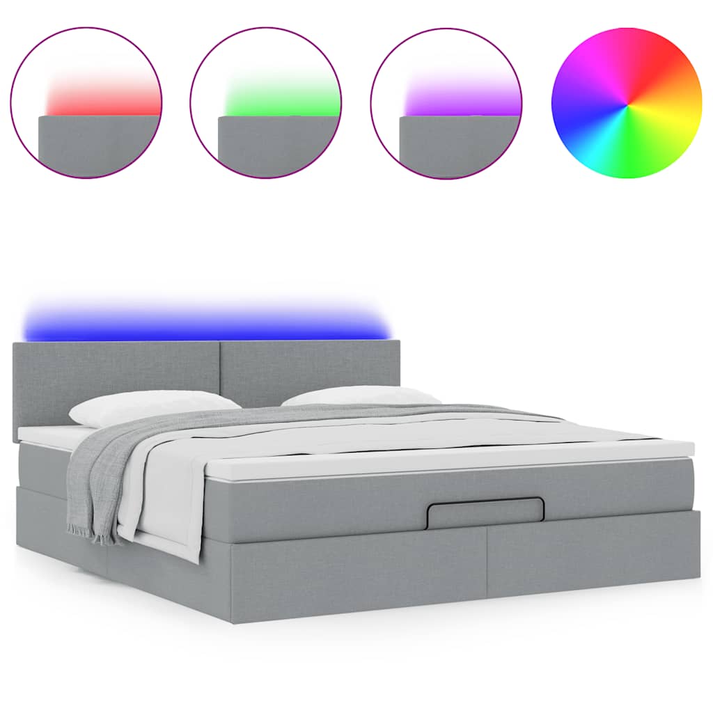 Ottomane Bett mit Matratze & LEDs Hellgrau 180x200 cm Stoff