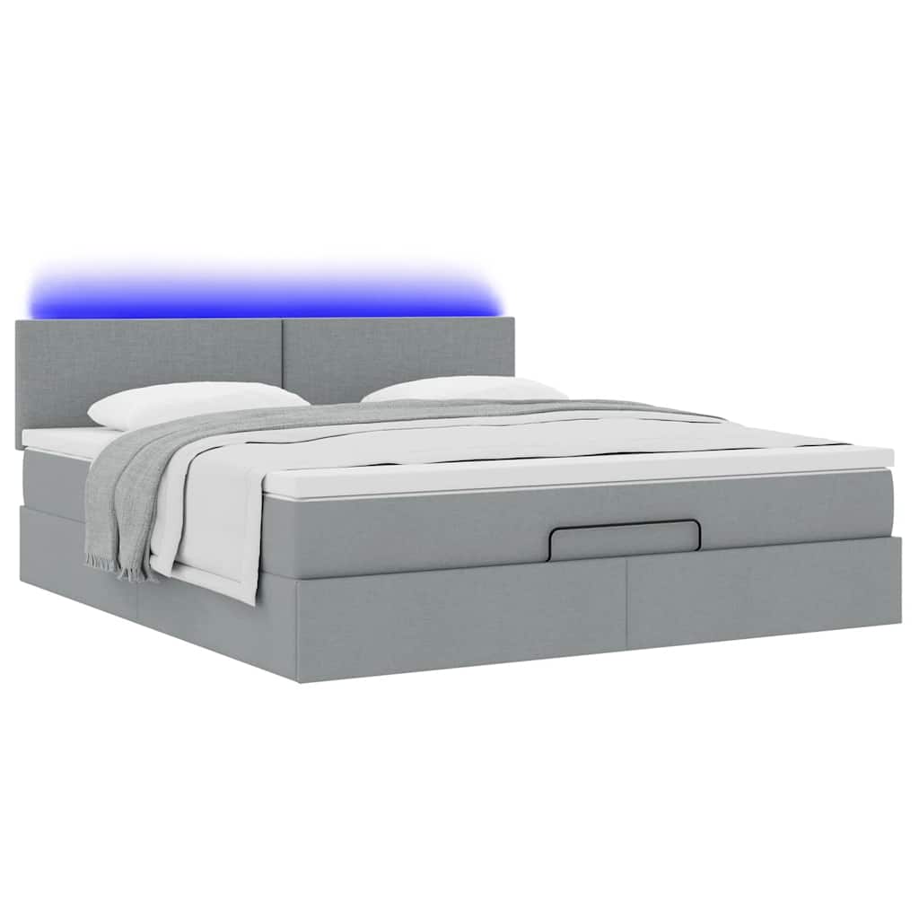 Ottomane Bett mit Matratze & LEDs Hellgrau 180x200 cm Stoff