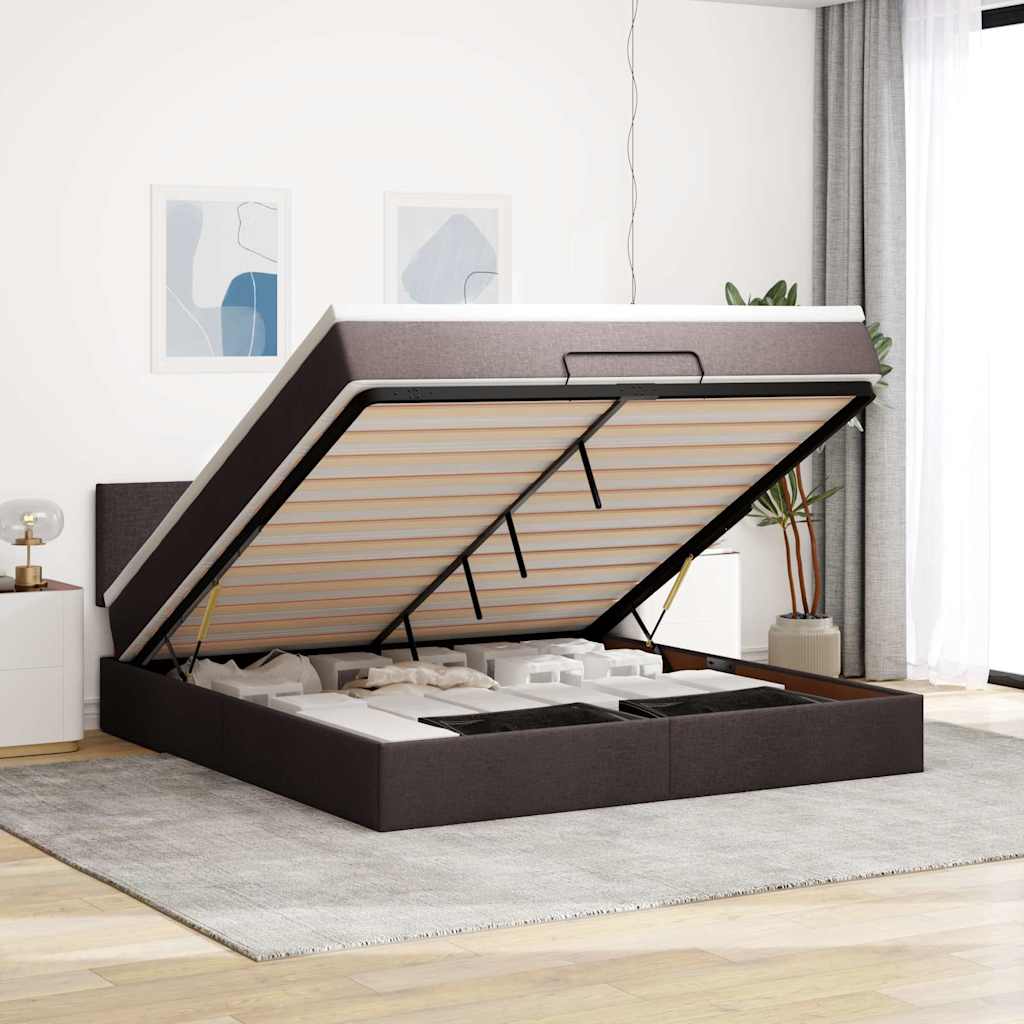 Lit ottoman avec matelas et LED marron foncé 180x200 cm tissu