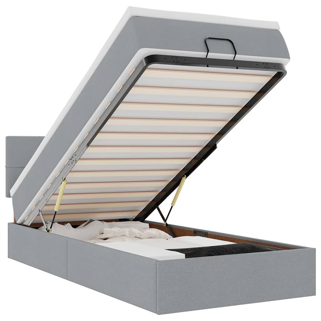 Ottomane Bett mit Matratze & LEDs Hellgrau 90x200 cm Stoff