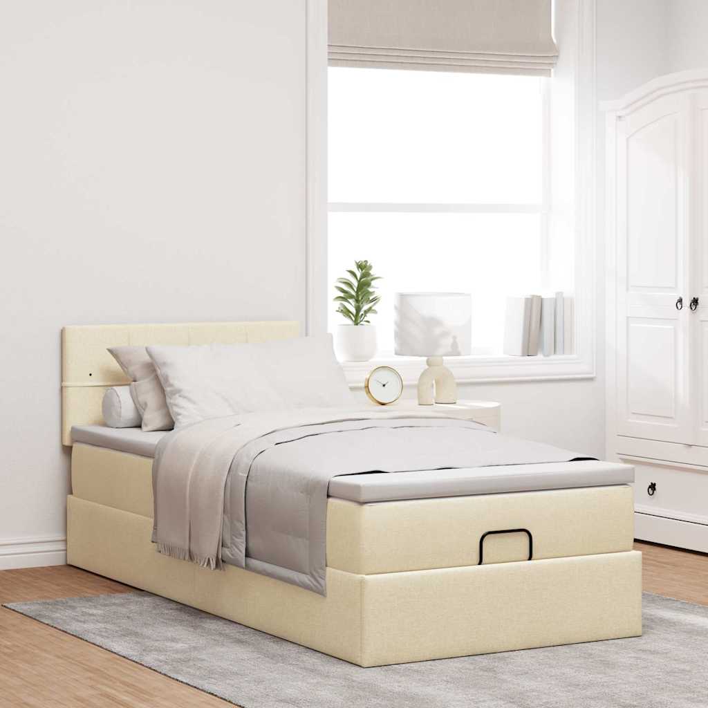 Ottomane Bett mit Matratze & LEDs Creme 90x200 cm Stoff