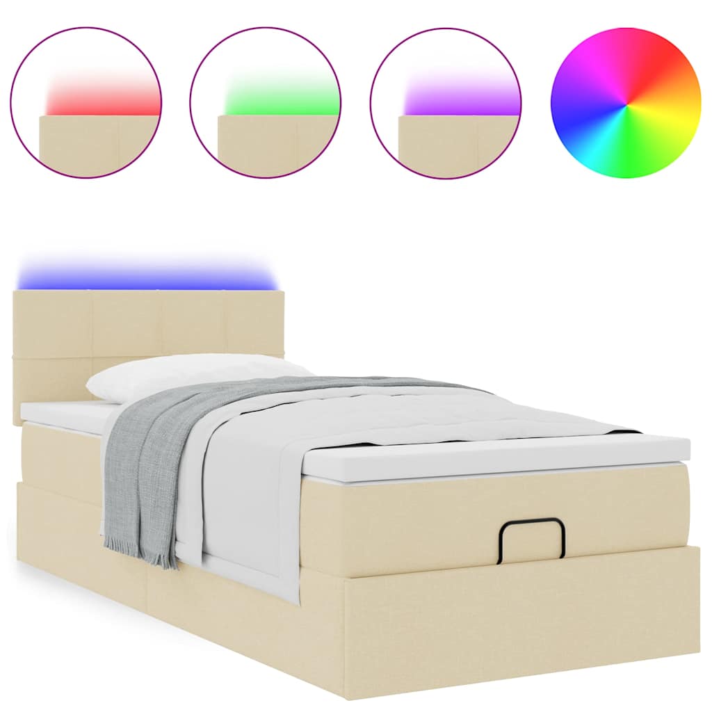 Ottomane Bett mit Matratze & LEDs Creme 90x200 cm Stoff