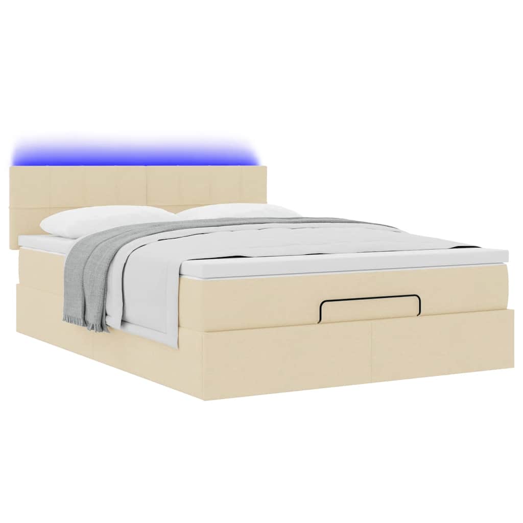 Ottomane Bett mit Matratze & LEDs Creme 140x200 cm Stoff