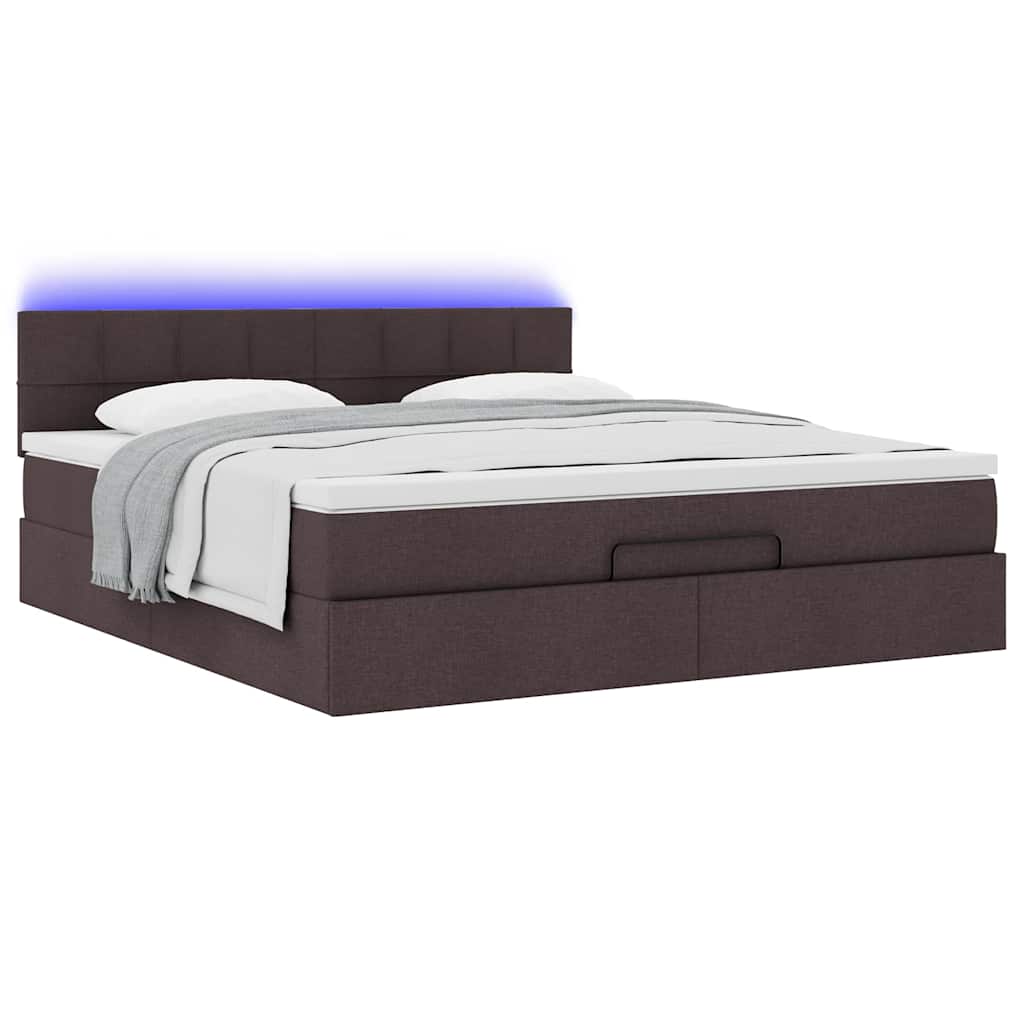 Lit ottoman avec matelas et LED marron foncé 180x200 cm tissu
