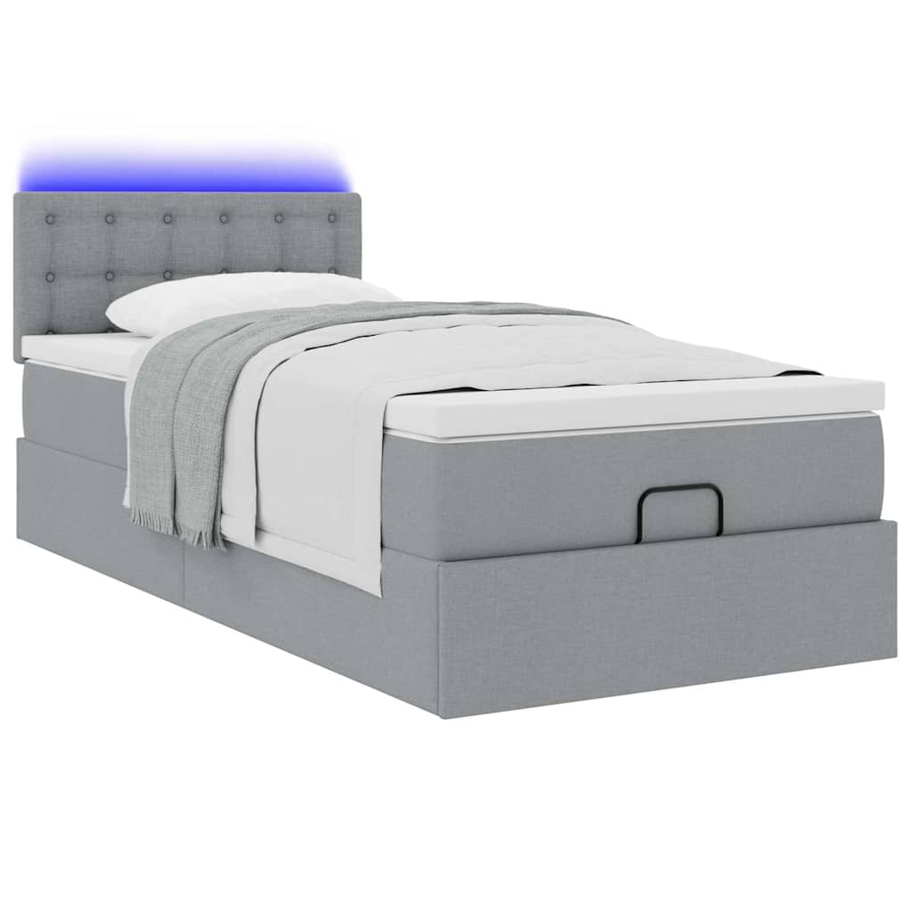 Ottomane Bett mit Matratze & LEDs Hellgrau 90x200 cm Stoff