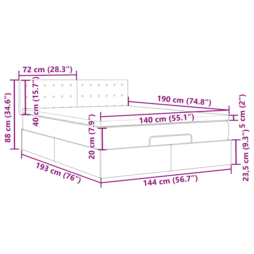 Ottomane Bett mit Matratze & LEDs Hellgrau 140x190 cm Stoff
