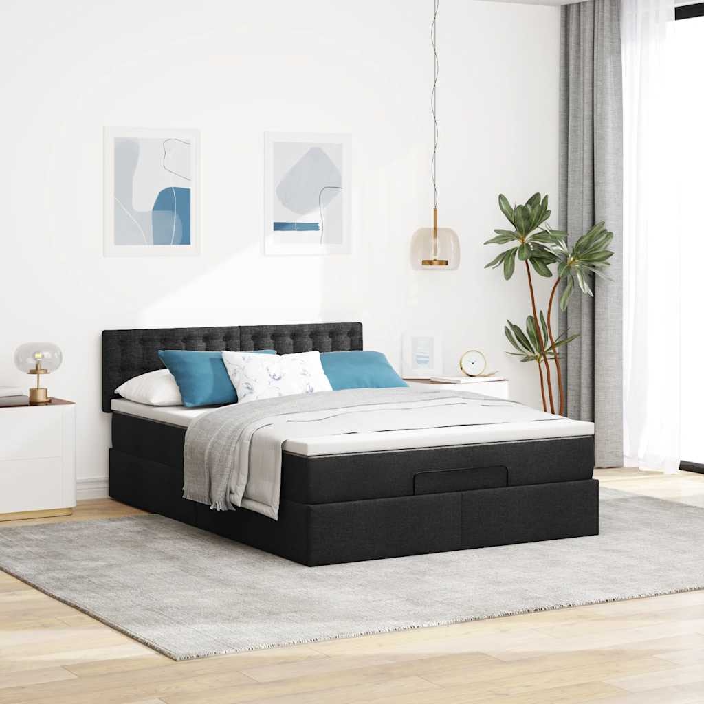 Ottomane Bett mit Matratze & LEDs Schwarz 140x190 cm Stoff