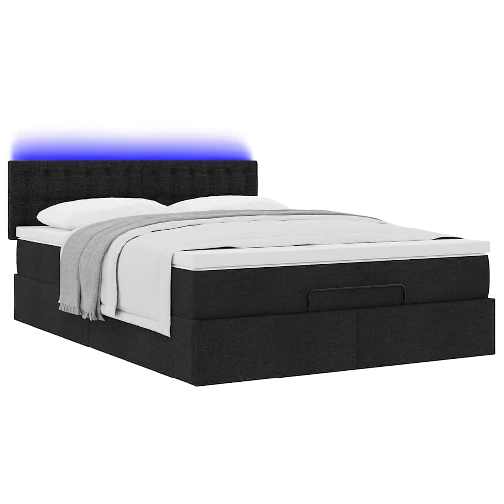 Ottomane Bett mit Matratze & LEDs Schwarz 140x190 cm Stoff