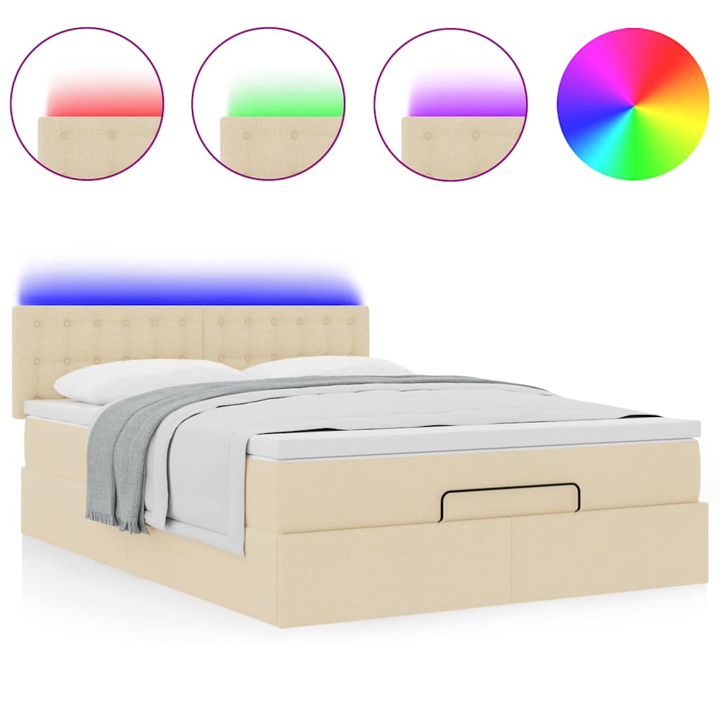 Ottomane Bett mit Matratze & LEDs Creme 140x200 cm Stoff