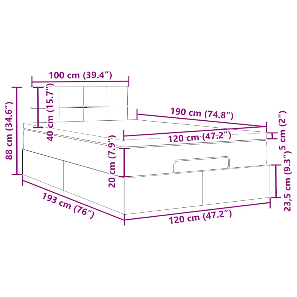 Ottomane Bett mit Matratze & LEDs Schwarz 120x190 cm Samt