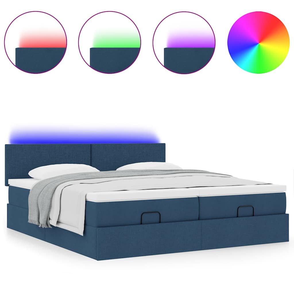 Ottoman-Bett mit Matratzen & LEDs Blau 180x200 cm Stoff