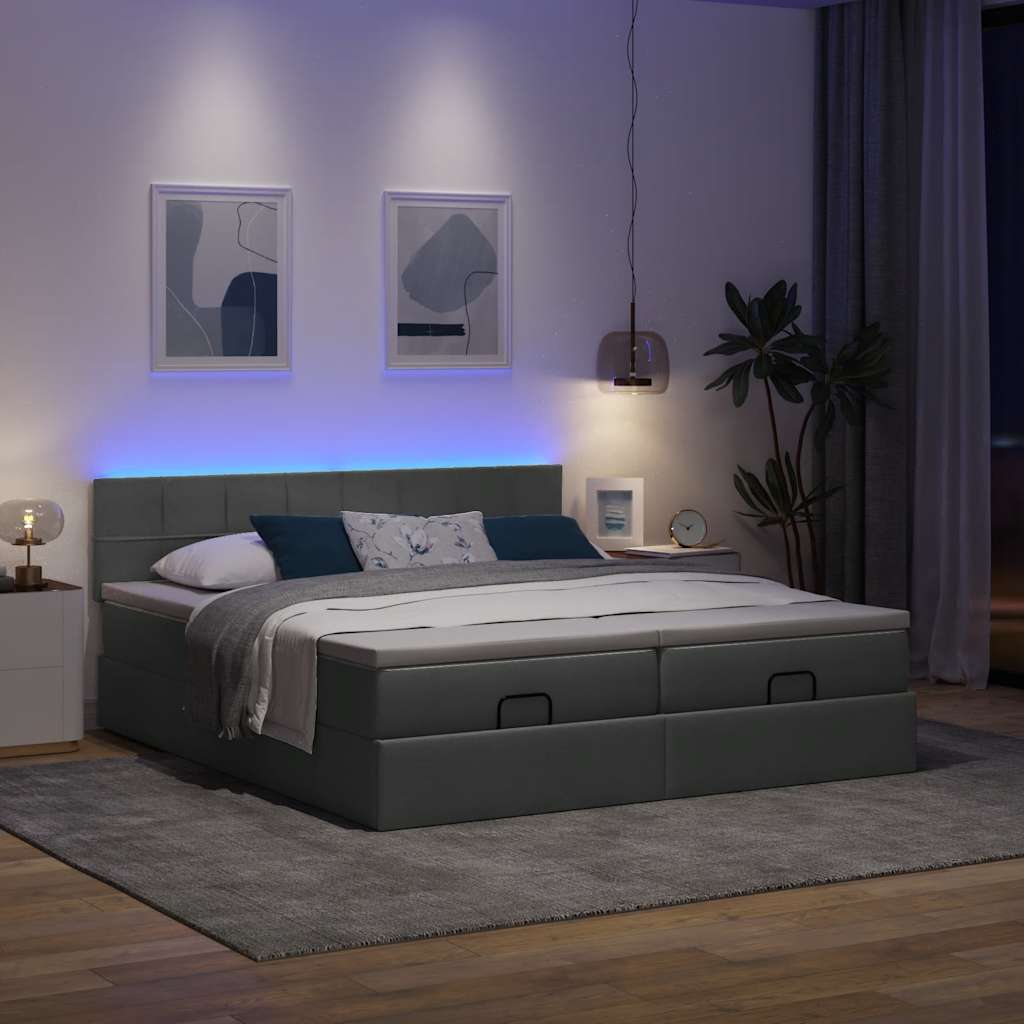 Ottoman-Bett mit Matratzen & LEDs Dunkelgrau 180x200 cm Stoff