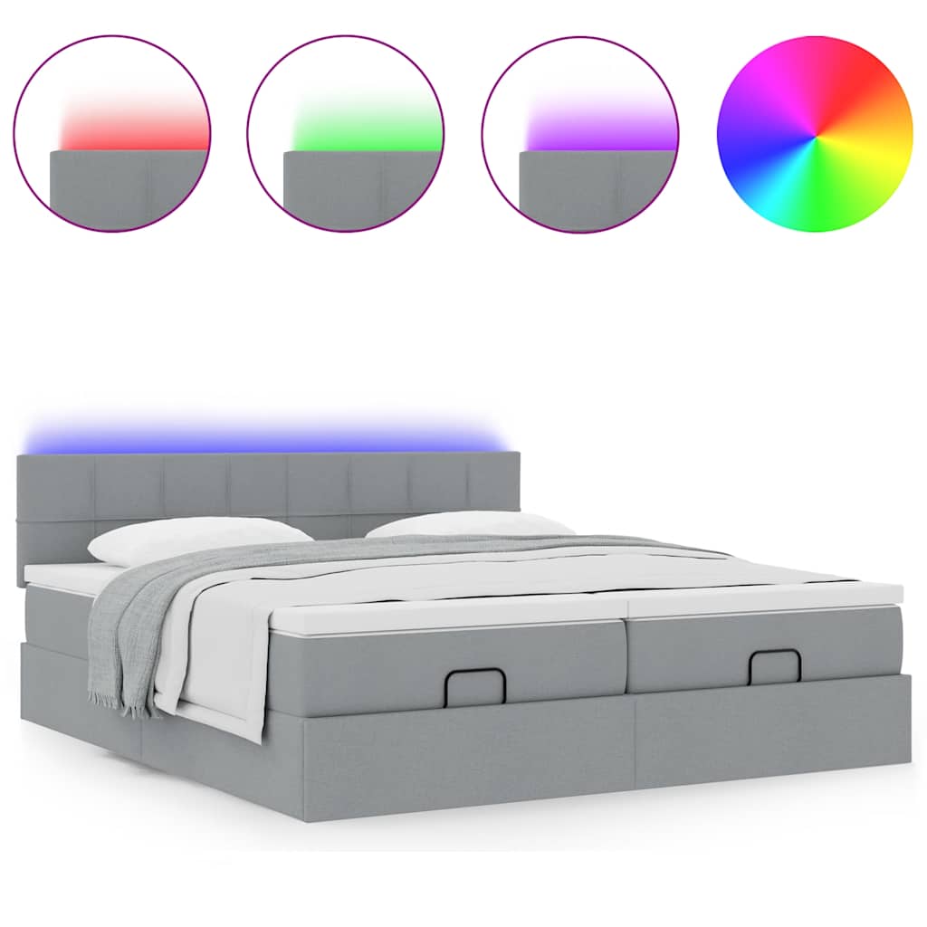 Ottoman-Bett mit Matratzen & LEDs Hellgrau 200x200 cm Stoff