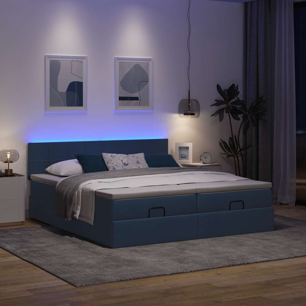 Ottoman-Bett mit Matratzen & LEDs Blau 200x200 cm Stoff